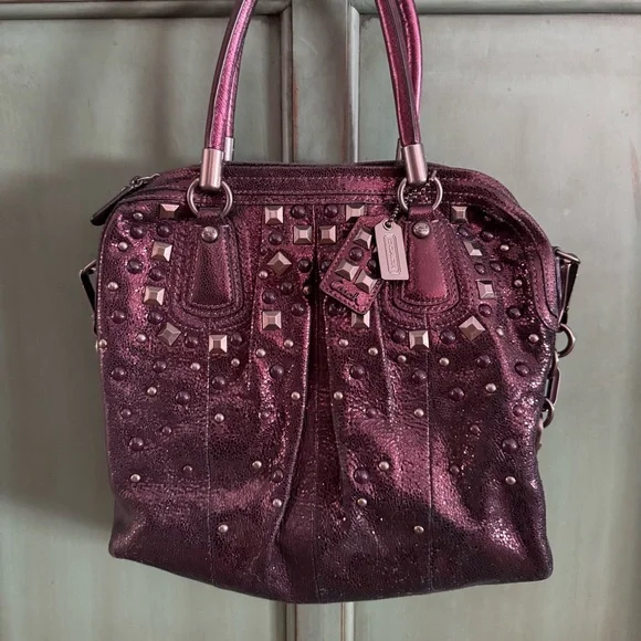 💜 ✨ COACH Kristen Satchel Metallic Purple Studded Handbag - Picture 2 of 10